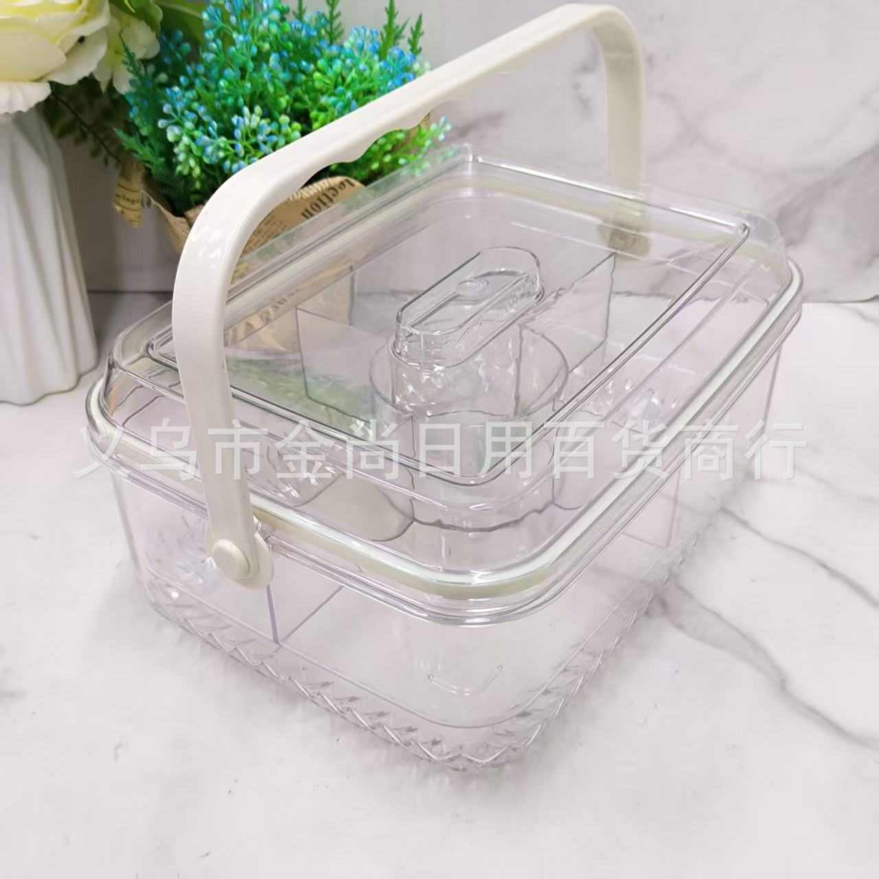 Hand-held double-layer PET transparent snack fruit ice bucket preservation box, long four-compartment preservation box packaging, kraft paper box Specification drawing
