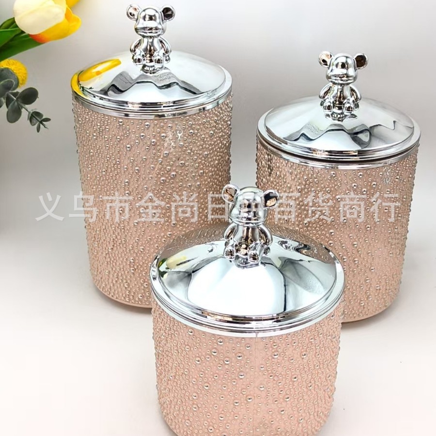 High-appearance-level plastic solid color transparent little bear lid rice bead round storage jar without a base, kitchen sealed jar with color box Specification image