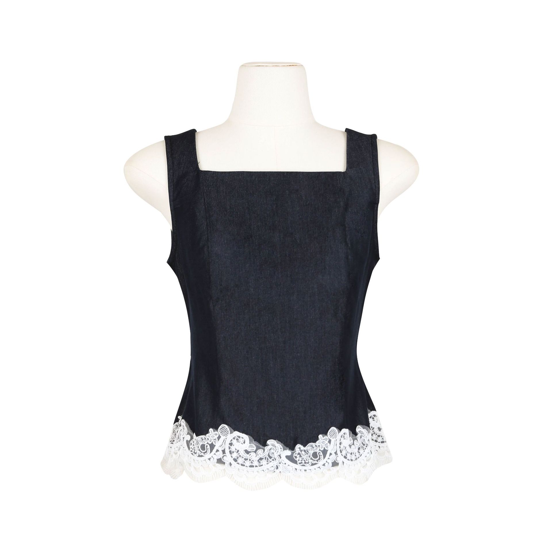 CZ ZHANG's summer French girl's playful deep blue lace-trimmed backless textured tank top B24031 Item Picture