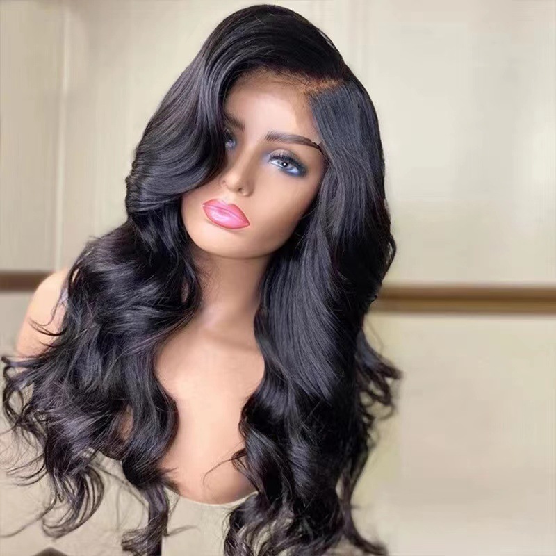 Factory direct sales of high-temperature synthetic fiber silk front lace wig, black large wavy long curly hair middle part wig details Picture