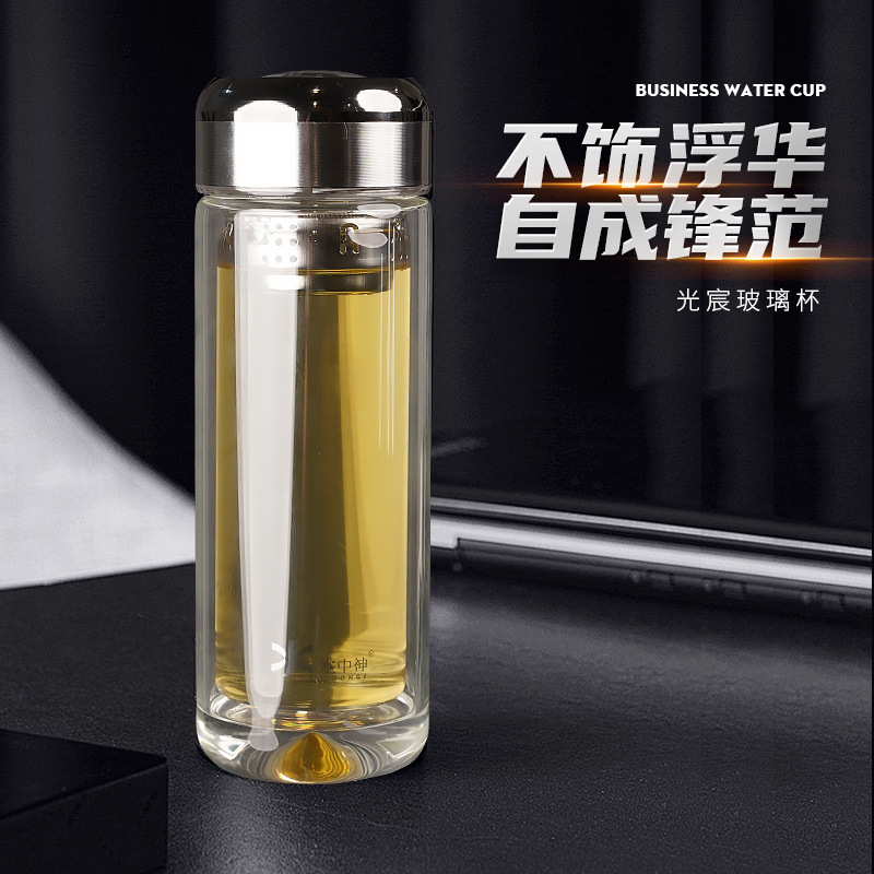 加厚透明带盖玻璃杯家用耐高温玻璃双层水杯中式泡茶杯子茶杯批发