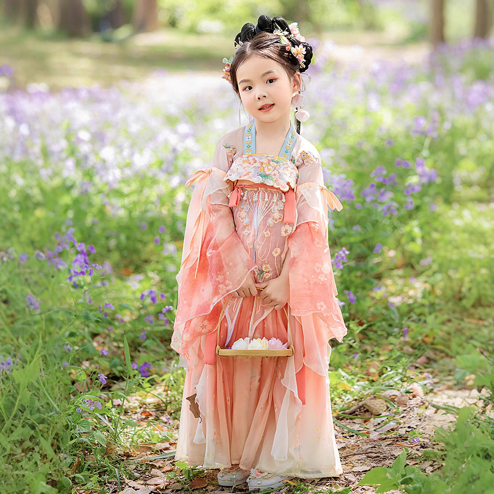 Wholesale of new summer Chinese trend girls' Hanfu, girls' Chinese-style ancient dress, flower goddess daily dress, children's ancient-style blouse and skirt Item Picture