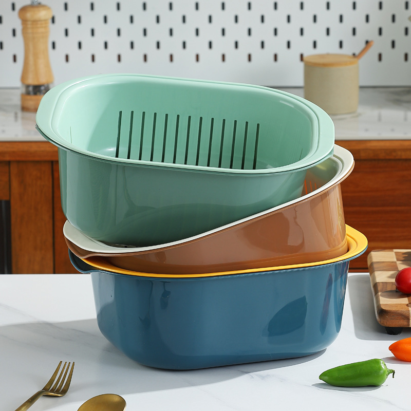 Creative household kitchen double-layer draining basket, creative fruit and vegetable washing basin, plastic multi-functional bowl and chopsticks draining Specification image