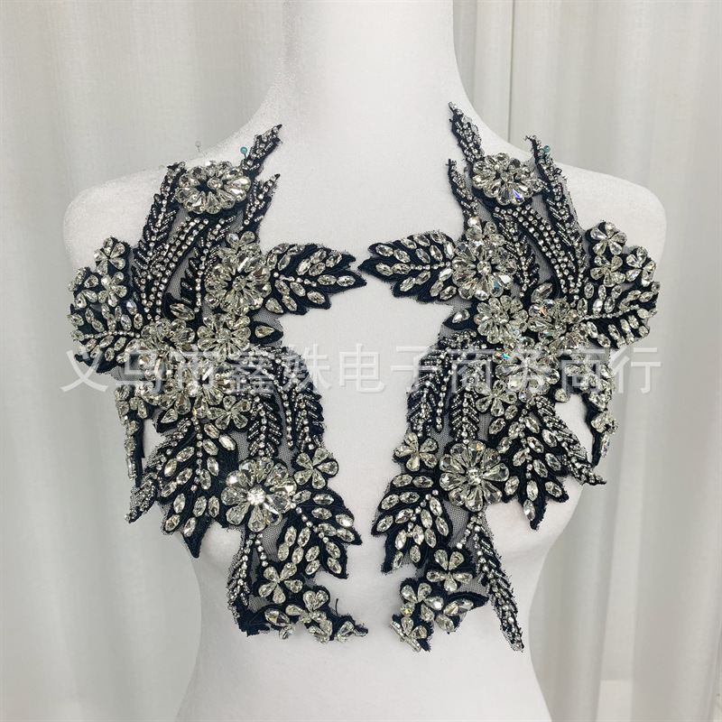 Black background with white diamonds, heavy metal glass drill, hand-sewn beaded DIY wedding dress, evening gown, skirt and clothing accessories