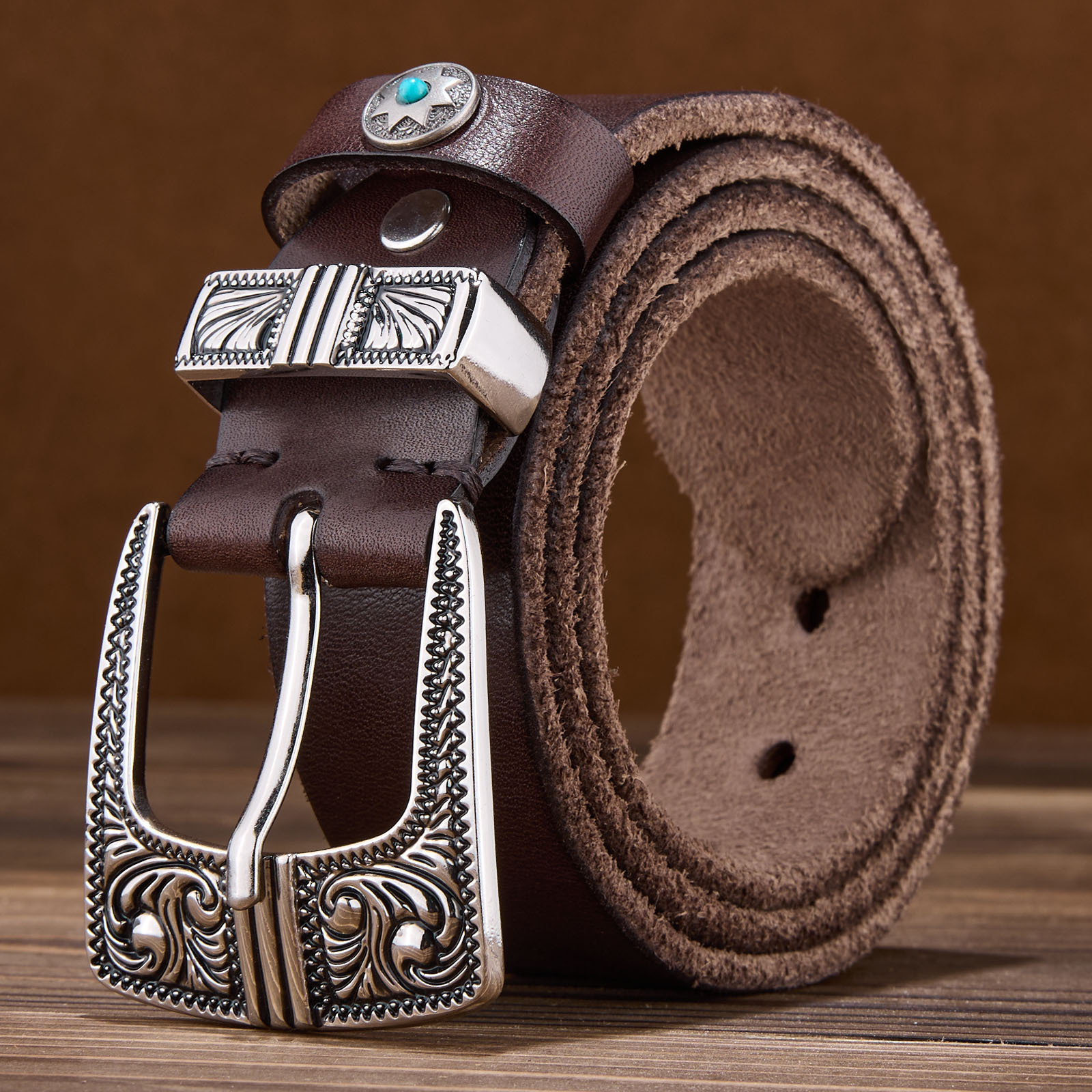 Western retro top-grain cowhide belt for men, fashionable, casual and versatile ins denim belt, direct sales from the belt manufacturer