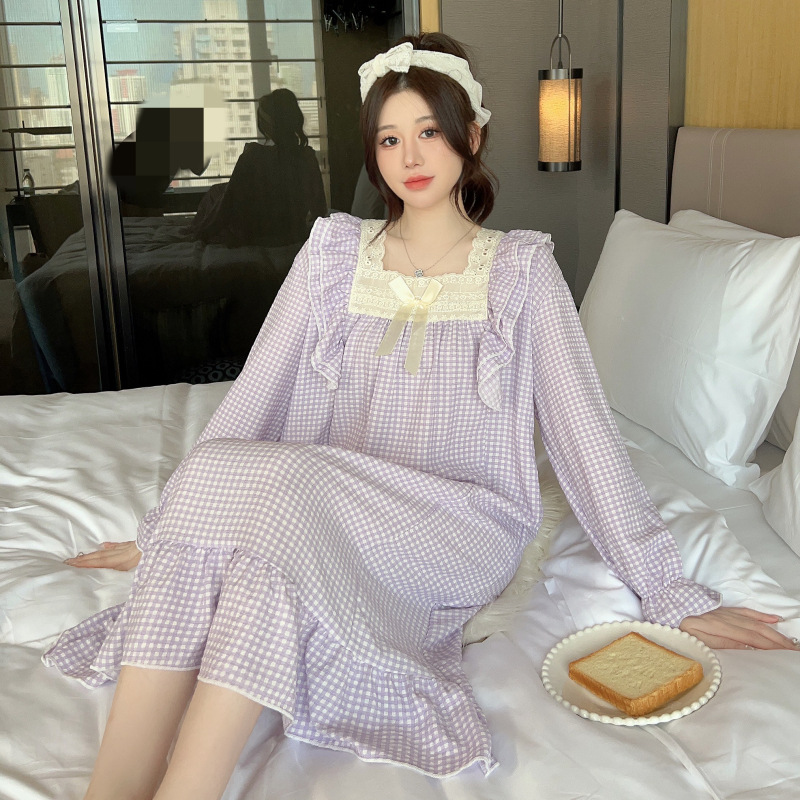 Korean Version Ims Plaid Nightdress Female Spring And Autumn Long Sleeve Princess Wind Pajamas Comfortable Loose Long Skirt Clear New Wind Nightdress Specification drawing