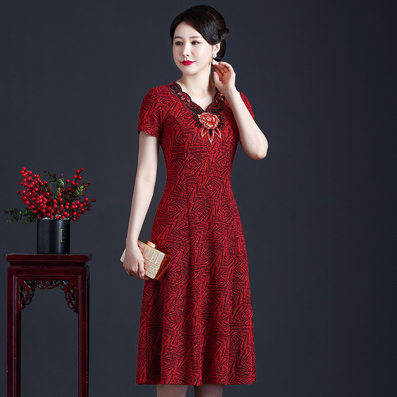 高档中老年加大码女装婚庆喜服2022新品夏款短袖连衣裙红色喜婆婆