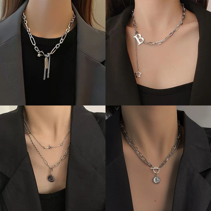 New hip-hop letter titanium steel sweater chain for women, European and American retro fashion cold style autumn and winter necklace, trendy accessory pomelo ear Application Scenario