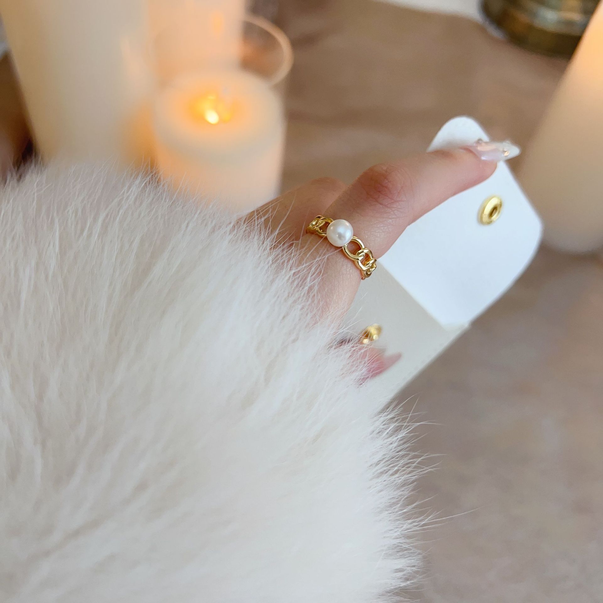 Copper-plated real gold 7mm freshwater pearl ring, hollowed-out European and American style open ring accessory, color retention, DIY handcrafted Application Scenario