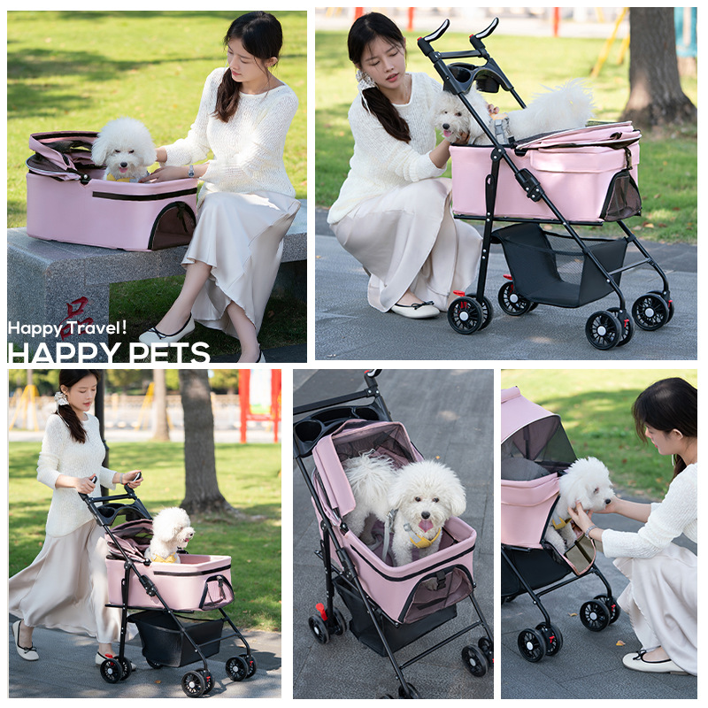 The pet stroller for dogs and cats is lightweight, foldable and detachable. It can be used for walking dogs and has a detachable basket Application Scenario