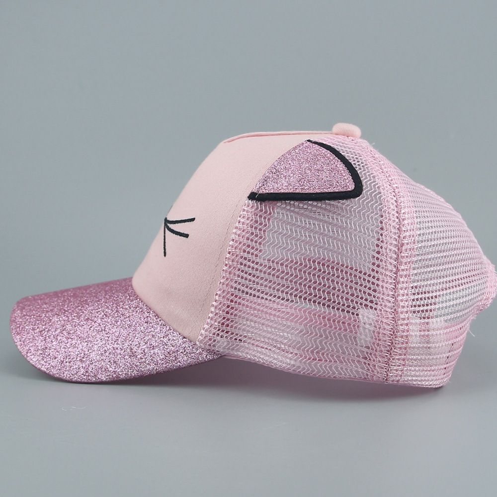 Custom-made children's hats from the hat factory are made of pink cotton cat shade, cute printed bright pink spring and summer net caps and breathable baseball caps Specification image