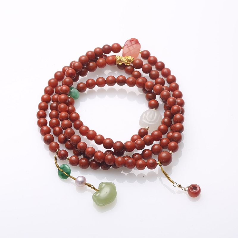 Natural Nan Hong agate four-circle hanging Hetian Jade Fortune lock bracelet, 999 pure gold PI Xiu double pendant multi-circle bracelet