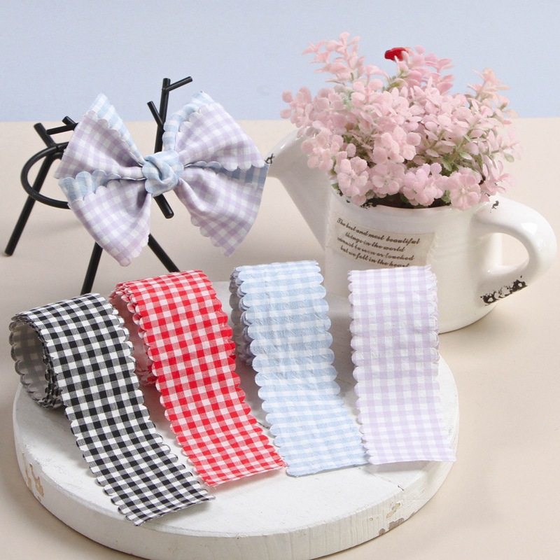 Korean Version Of Wavy Border Summer Macaron Plaid With Diy Bow Baked Flowers Dress Decorative Ribbon details Picture