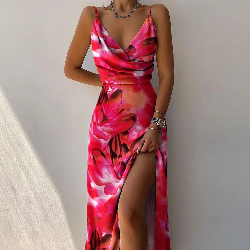 Cross-border European and American women's clothing 2025 Summer Amazon AliExpress Independent Station Halter V-neck slit print dress Application Scenario