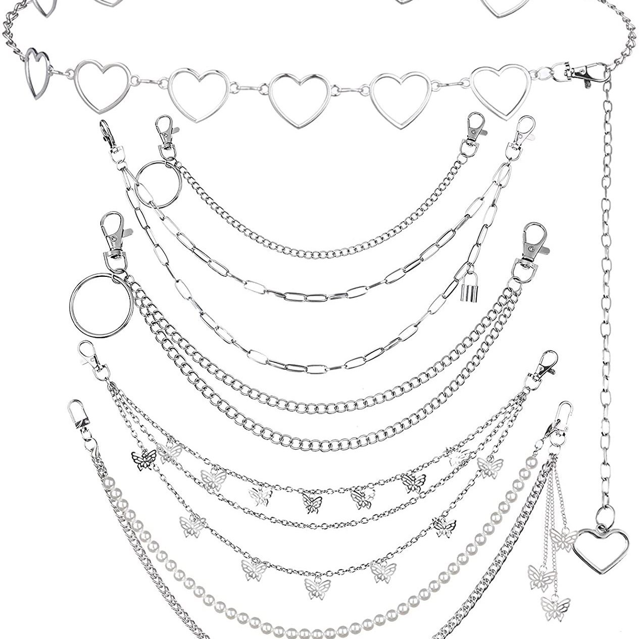 6 pieces of punk jeans, chain pockets, waist chain, multi-layer hip-hop rock chain, butterfly belt, punk chain body