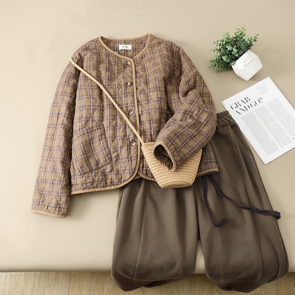 捡漏~亚麻夹棉棒球服女秋冬装宽松加厚保暖棉袄复古格子棉衣外套