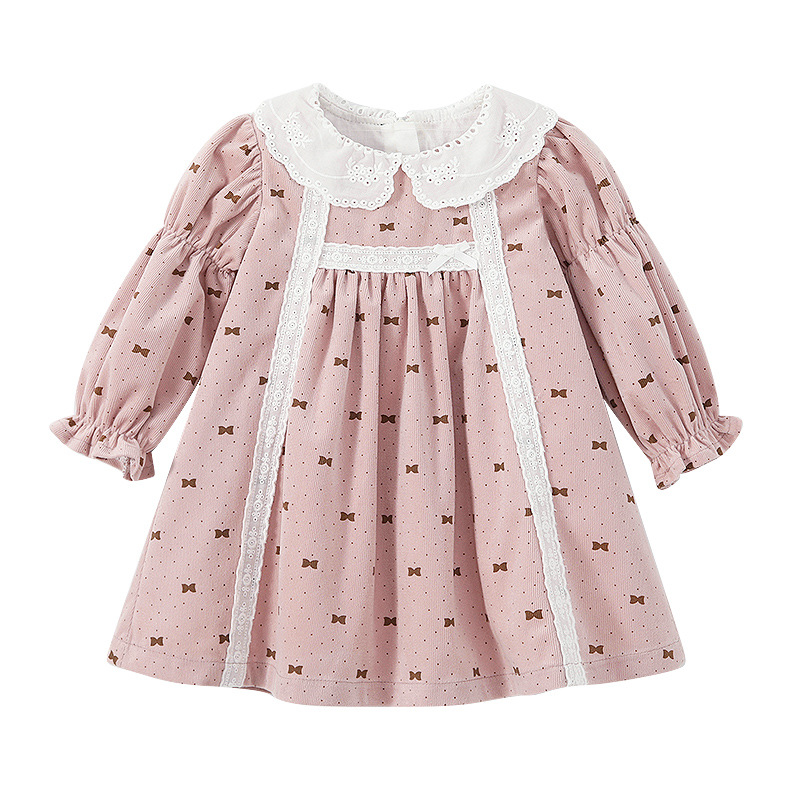Children's autumn and winter dress: Skin-friendly pure cotton printed dress, cute lace doll collar, girls' autumn dress, princess dress Item Picture