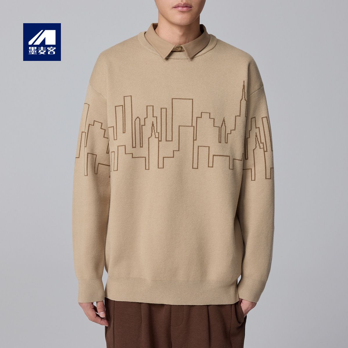 Momeck men's fake two-piece knitted sweater Men's 2024 Winter new sesame base jacquard sweater 21907