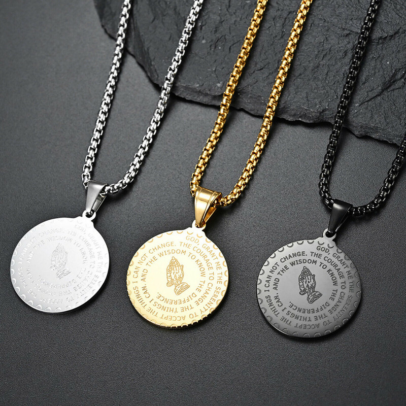 Amazon cross-border stainless steel round pendant necklace, steel prayer hand round pendant necklace, men's and women's accessories