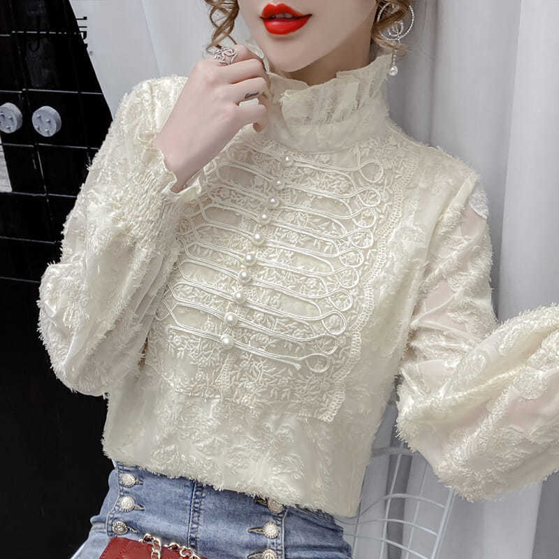 Autumn and winter 2021 new long-sleeved lace style chic top and shirt chiffon shirt for women's fashion Specification image