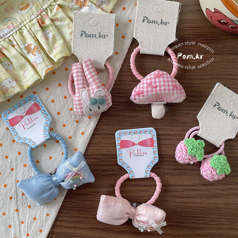 New Korean-style cartoon sweet hair band, children's fabric high-elasticity bow hair band, double ponytail mushroom hair accessory for women details Picture
