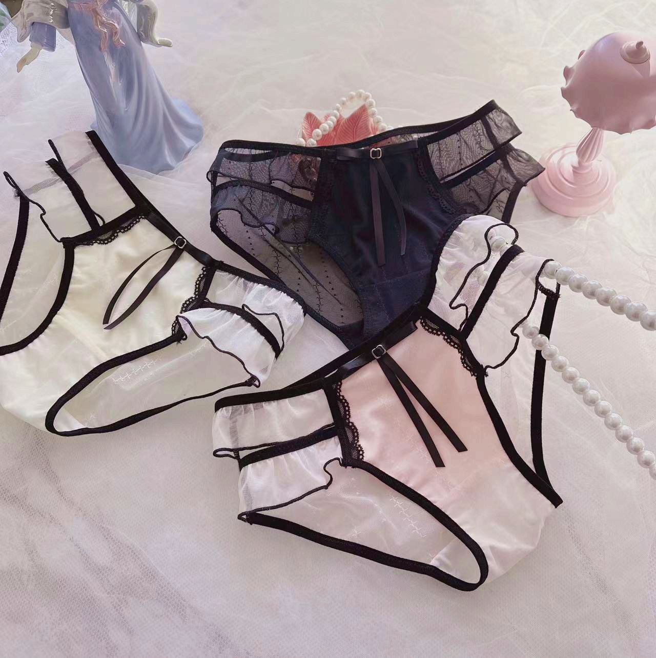Japanese-style petite bourgeois style sexy transparent lotus leaf princess student mid-waist triangular girl cute women's underwear