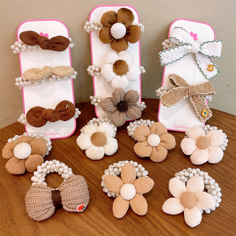 Children's Pearl Rope Hair Accessories Milk Coffee Color Cartoon Girl Hair Rubber Band Little Girl Bow Hair Band Rubber Band