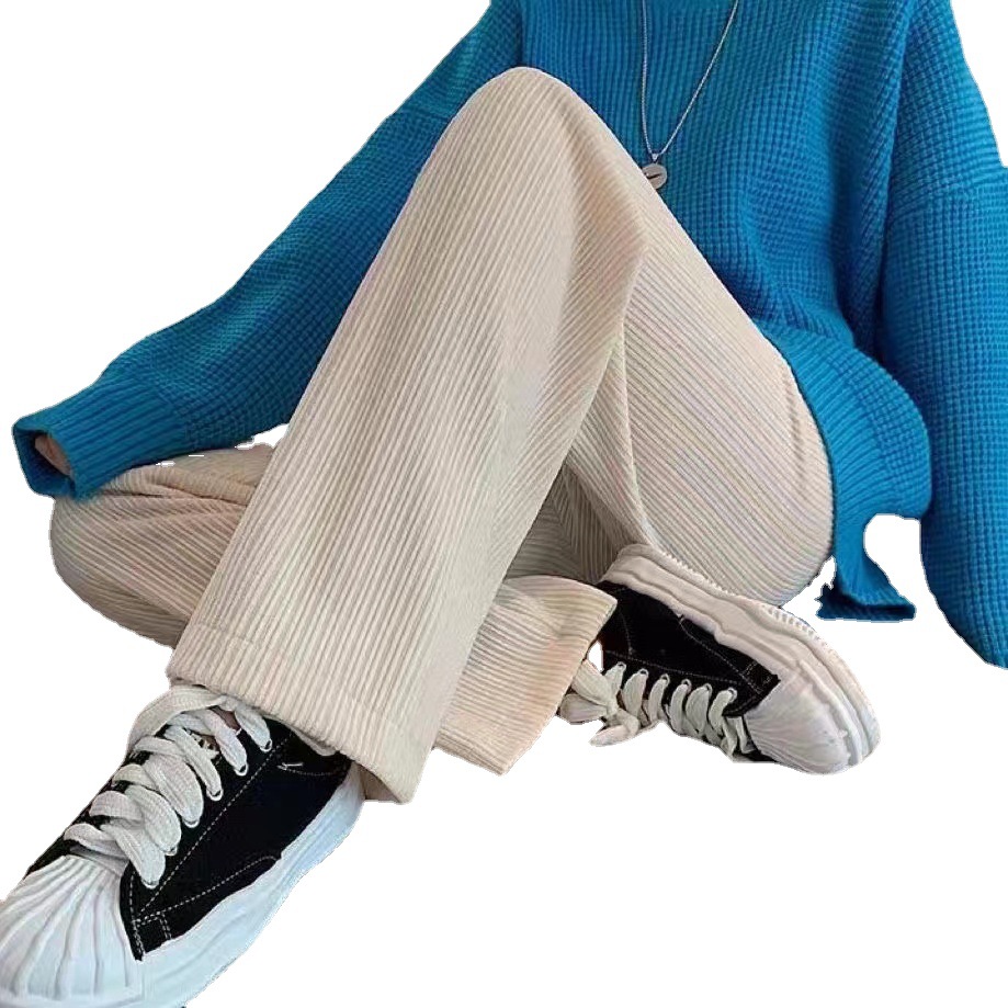 Autumn And Winter Chunky Chenille Wide Leg Pants Women's Loose High-Waisted Casual Sports Pants Women's Straight Striped Cream Pants Item Picture