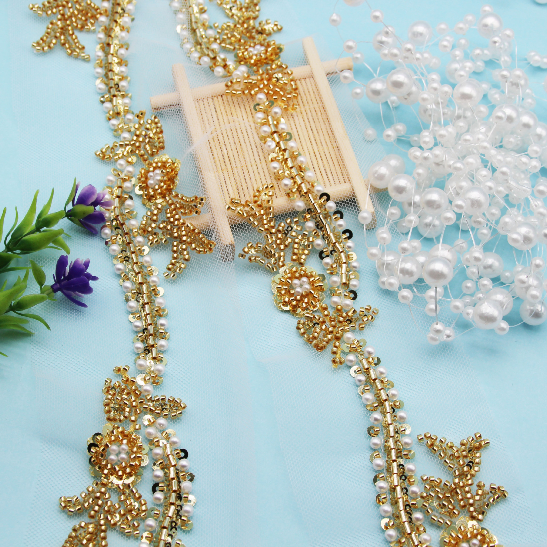 跨境热销手工钉珠花边DIY米珠头饰鞋帽包包珍珠重工蕾丝 服装辅料