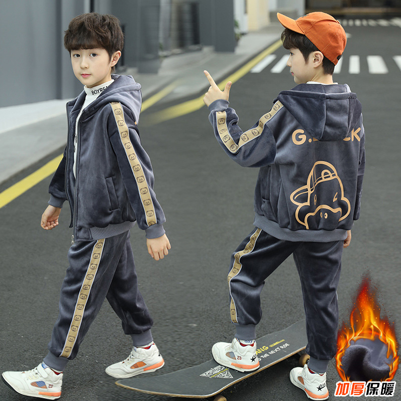 The 2022 new style of Zhongda Tong Boys' Reflective Strip Velvet Set for children's autumn and winter thickened and warm two-piece set