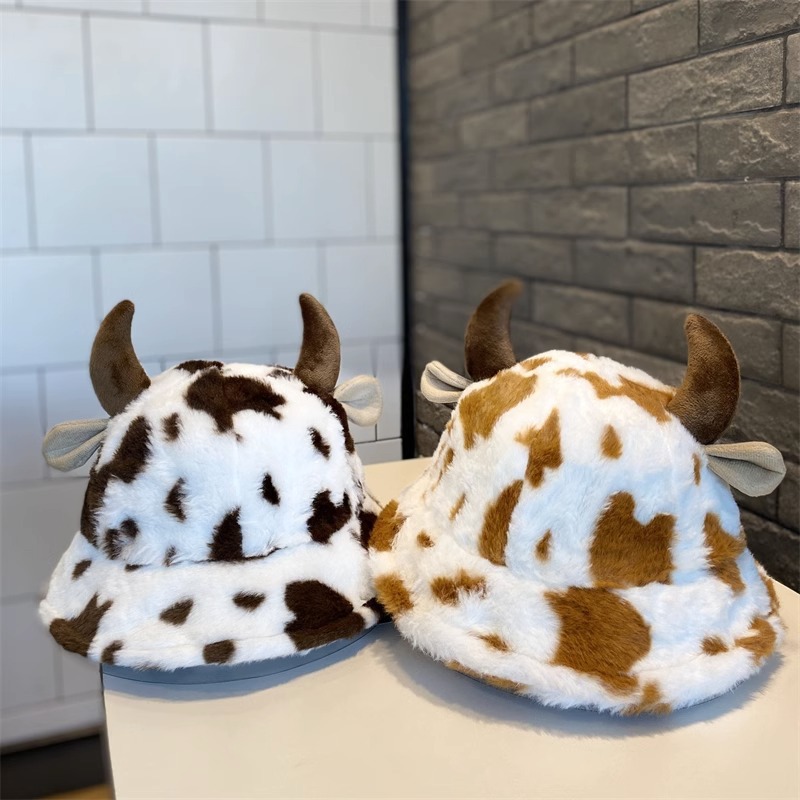 Horn Plush Fisherman Hat Female Autumn And Winter Warm Japanese Korean Version Of Cute Cow Print Basin Hat With Face Small Hat Specification drawing
