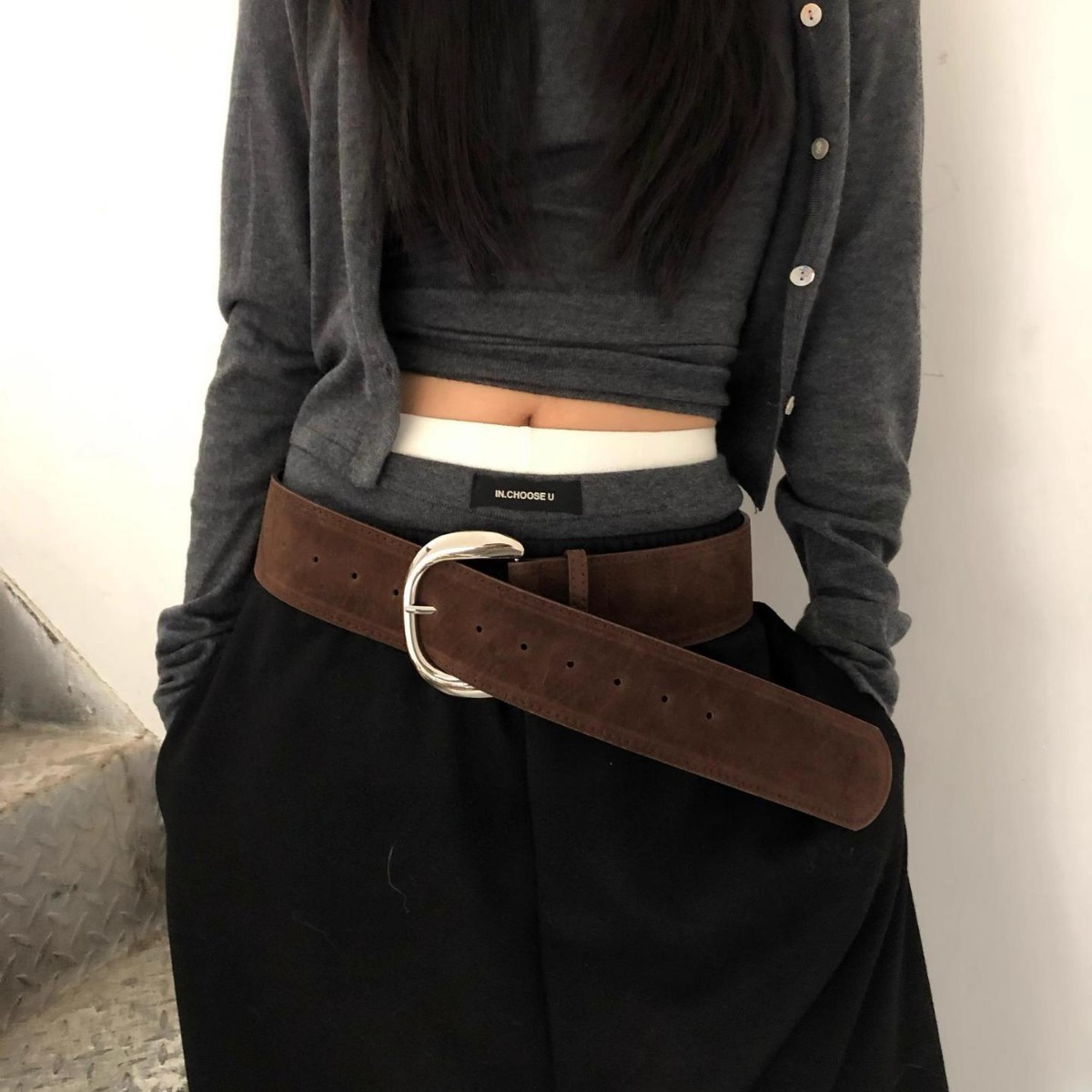宽腰带小众复古y2k辣妹麂皮磨砂宽边腰带银扣腰封搭配叠戴宽版女