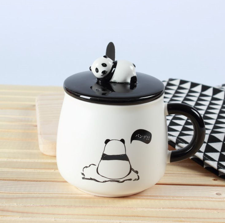 Home High Appearance Level Cartoon Creative Cute Animal With Lid Spoon Panda Ceramic Mug Student Dormitory Office Specification drawing