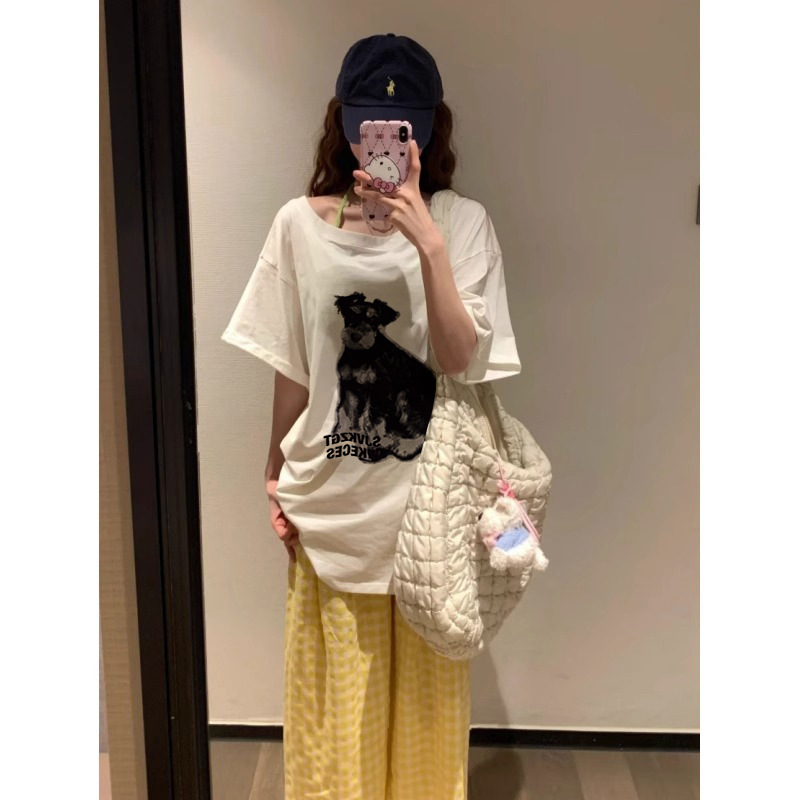 夏季美式辣妹小狗印花斜肩时尚短袖t恤女慵懒风宽松休闲露肩上衣详情3