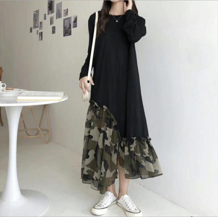 The new autumn 2021 Korean-style irregular dress with camouflage print patchwork and elegant color contrast is a cross-border bestseller
