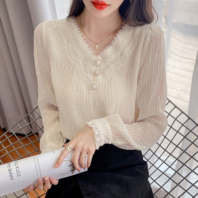 秋季新款长袖雪纺衫漂亮小衫气质上衣女蕾丝v领打底衫