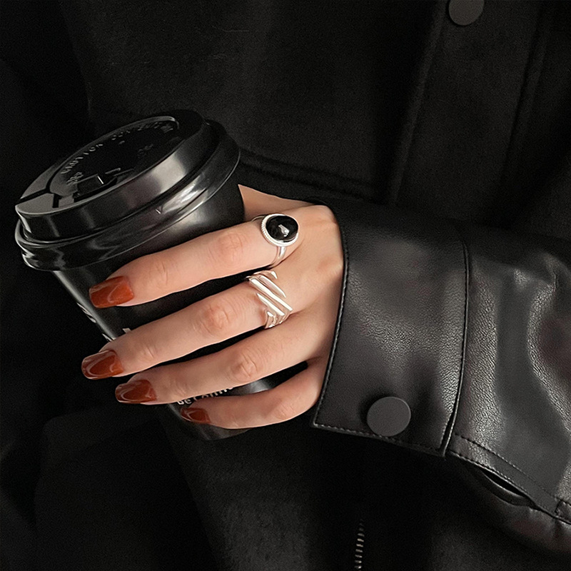 Niche design sense super cool black agate cold wind ring women's fashion trend all-match high-grade sense open index finger ring Specification image