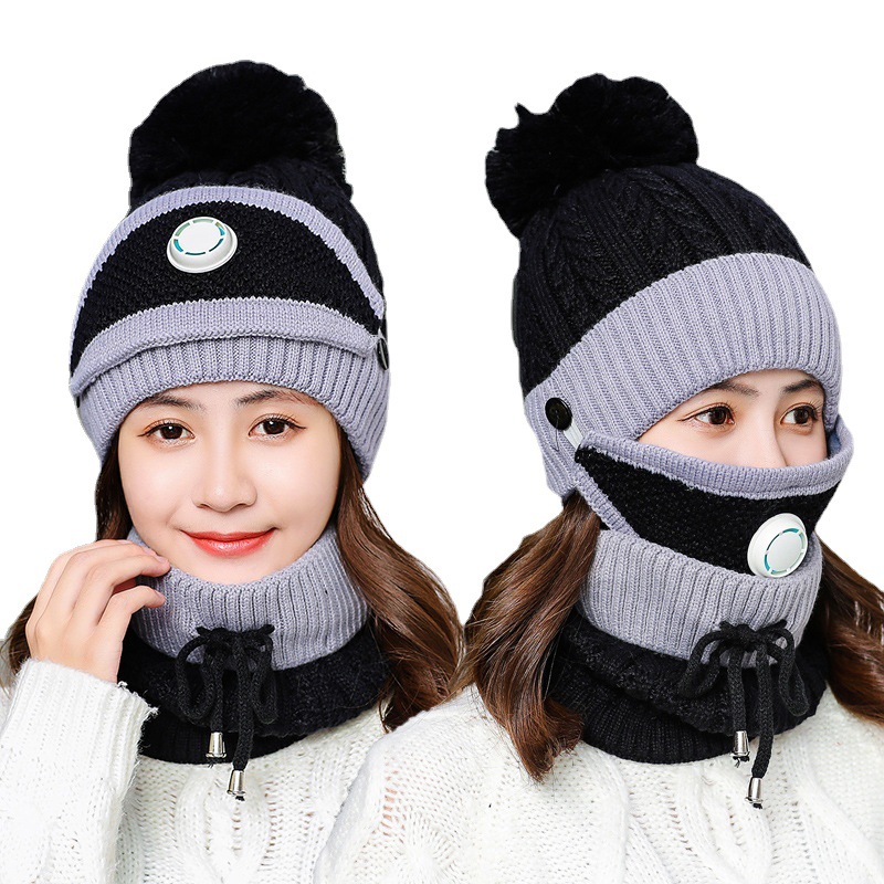 Wholesale of knitted woolen hat, scarf, three-piece set, thickened ear protection, cycling breathing valve, mask and face cover cap for women in autumn and winter Item Picture