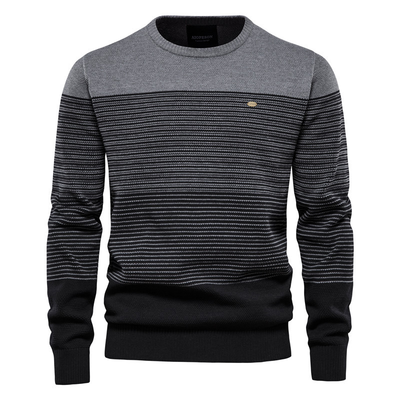 2021 autumn Hong Kong-style retro top, long-sleeved trendy men's sweater, slim-fit round-neck striped men's European-sized knitted sweater