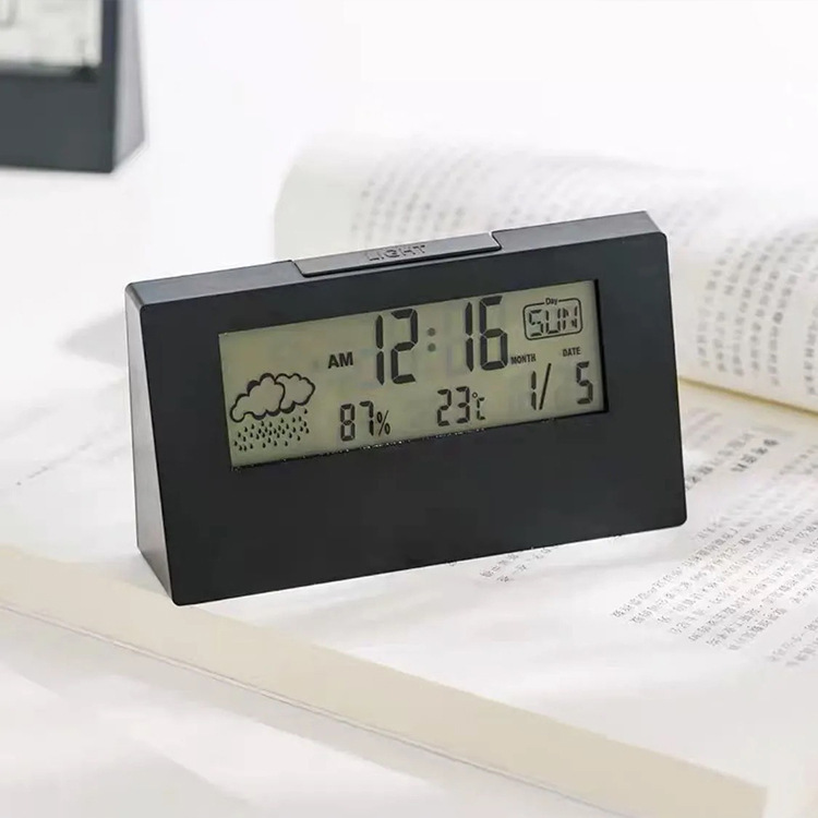 LCD student bedside table clock, creative digital clock, multi-functional weather electronic alarm clock with temperature and humidity