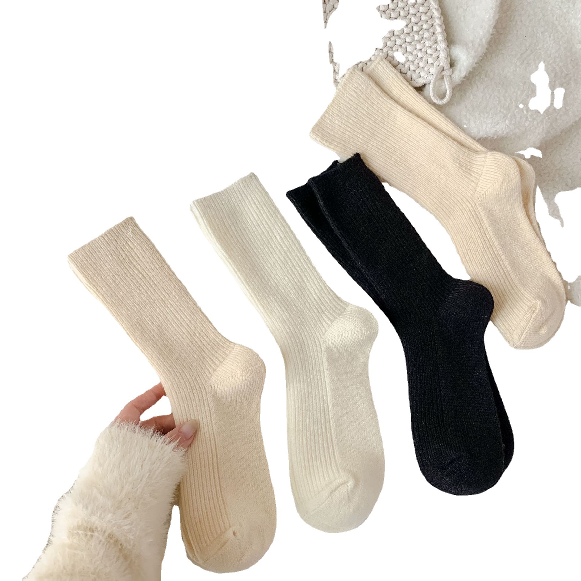 Japanese-style soft and glutinous wool socks, warm winter plush thickened long socks, cream solid color ins fine stripes warm pile socks Item Picture