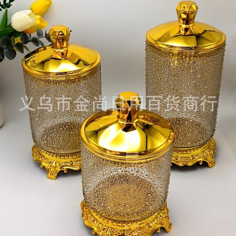 Plastic brick and stone lid, rice bead, golden edge, circular storage tank with a support platform, sealed tank for grains and cereals with a color box details Picture