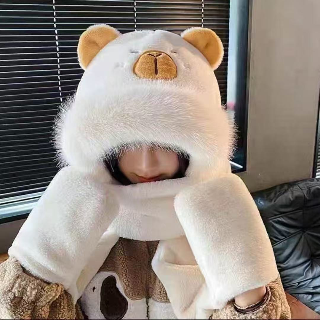 Capibara hat, scarf and Gloves three-piece set, winter windproof and warm plush three-piece adult hat Application Scenario