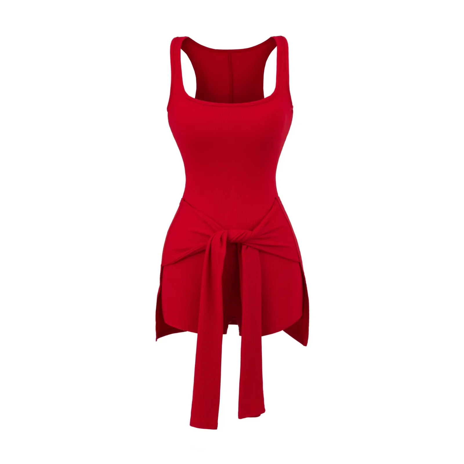 American hot girl square-neck waist-tied halter jumpsuit, women's summer waist-cinched I-shaped vest, one-piece short dress Application Scenario