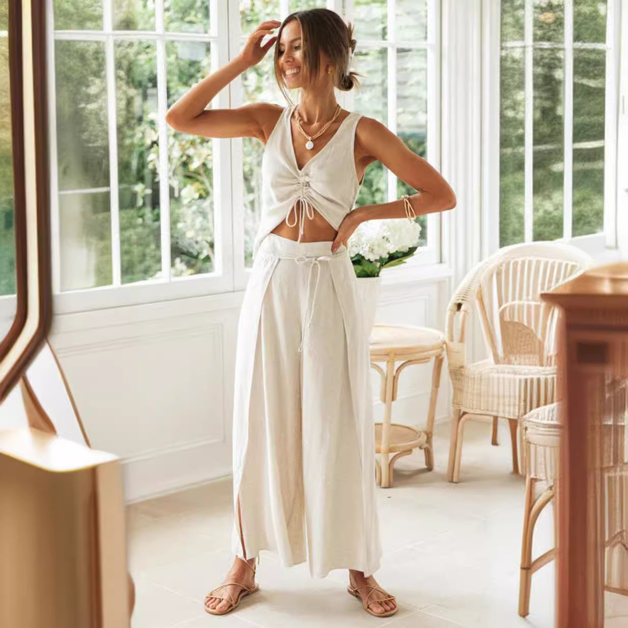 2022 Cross-border New Women's fashion solid color drawstring short-sleeved top wide-leg slit long pants two-piece set details Picture