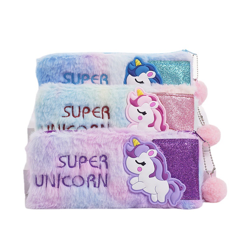 可爱炫彩独角兽笔袋学生大容量袋收纳袋少女心毛绒文具跨境货源批详情图5