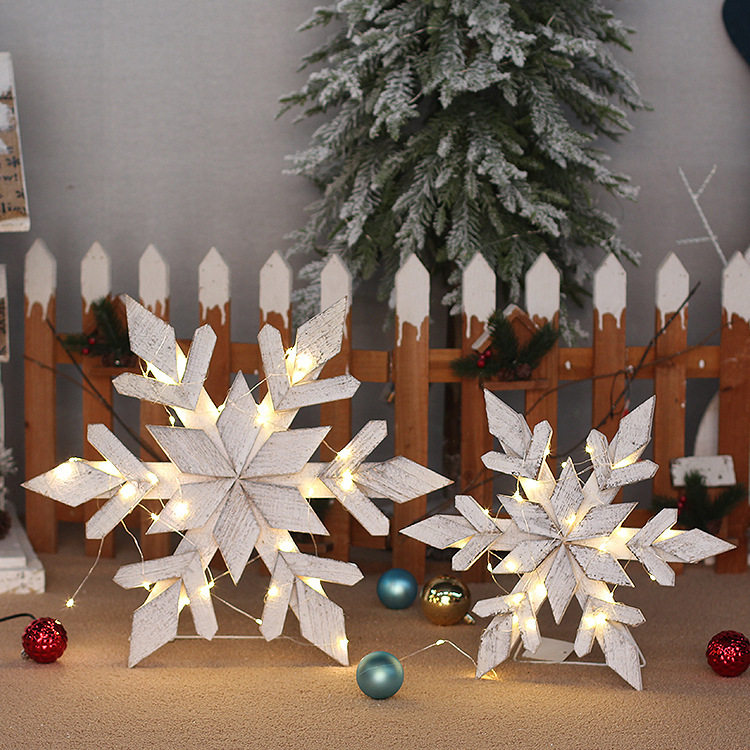 Wholesale Wooden Christmas Snowflake With Support Led Lights Snowflake Christmas Tree Decorations Set Supplies details Picture