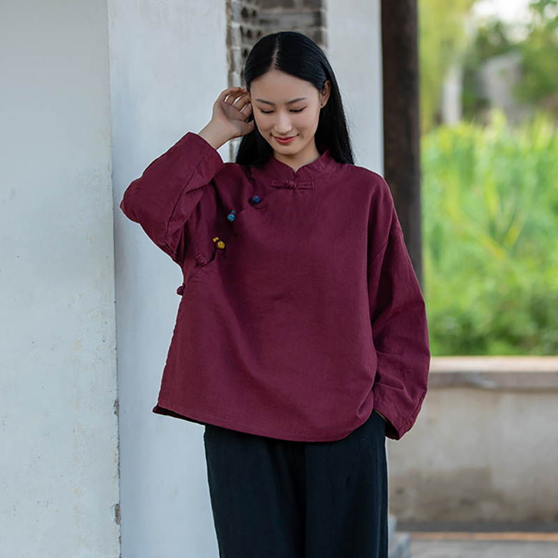 2023 Autumn New Retro National Style Color Plate Buckle Stand Collar Sand Washed Ramie Shirt Shirt Work Dress Women's Tea Specification drawing