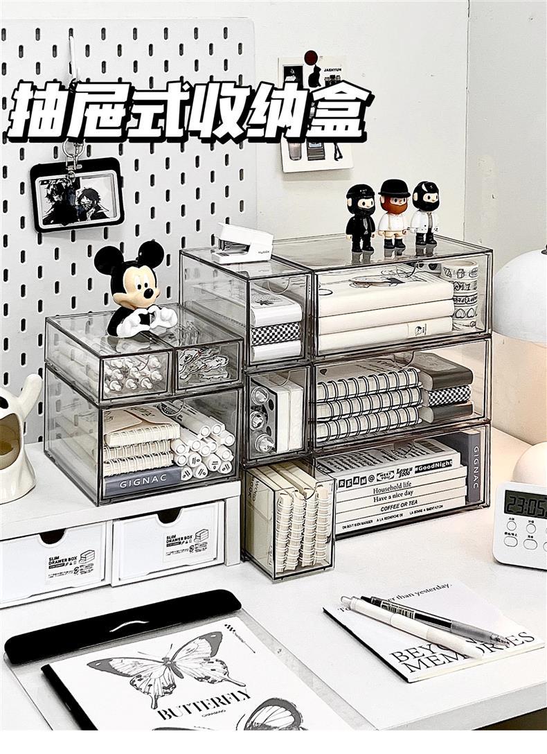 桌面抽屉式收纳盒透明亚克力文具杂物盒办公桌化妆品面膜置物架柜详情12