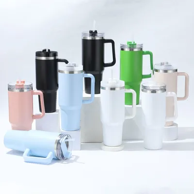 Cross-border 304 stainless steel thermos cup Large capacity 40oz car cup Handle ice Bully cup double drink straw car cup thumbnail